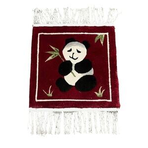 Panda Bear Silk Pictorial Fringe Rug with Bamboo Leaves Dark Red 12" X 13"